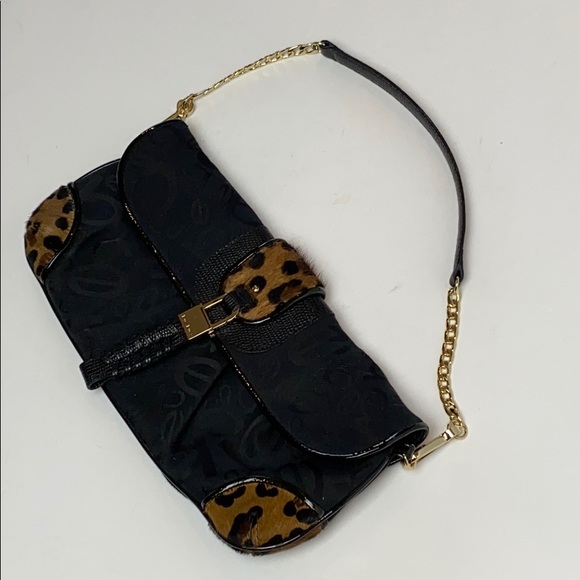 Bebe Clutch Black Cowhide Leopard Print Bag - Picture 2 of 8